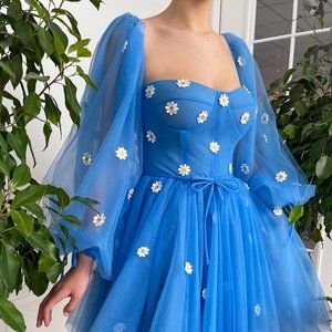 Teuta Matoshi - Daisies Skies Mini Dress - Blue Mini Dress - Fairycore - Prom
